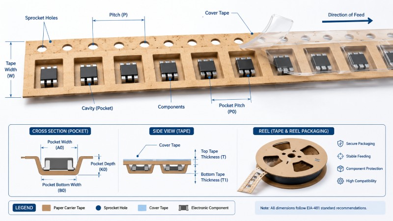 Paper carrier tape structure with pocket cavity and sprocket hole design