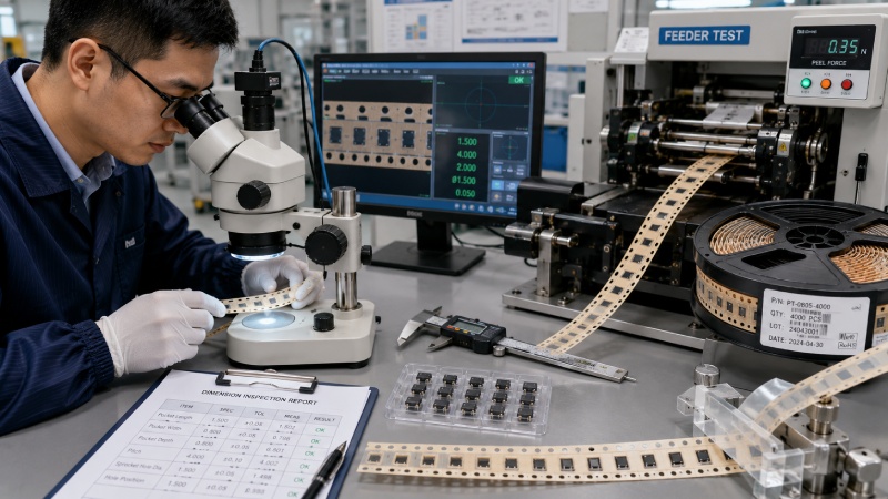 Quality engineer inspecting paper carrier tape dimensions and feeder compatibility
