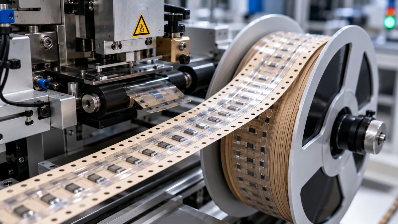 Electronic components packaged in paper carrier tape and wound onto reels for SMT assembly