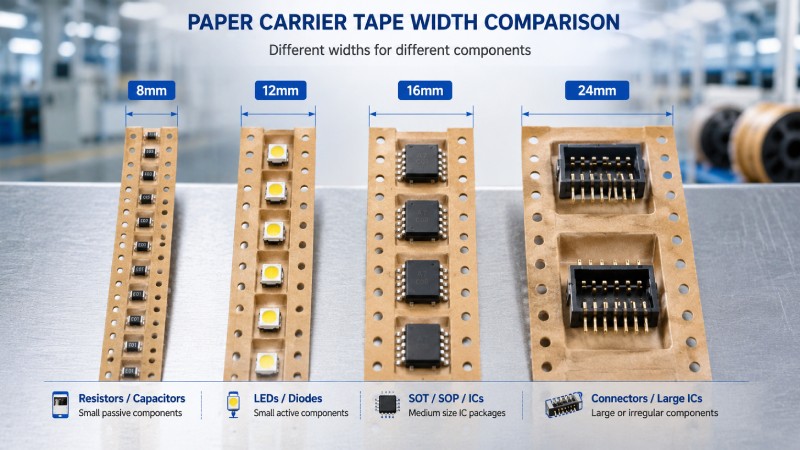 Comparison of different paper carrier tape widths including 8mm 12mm 16mm and 24mm