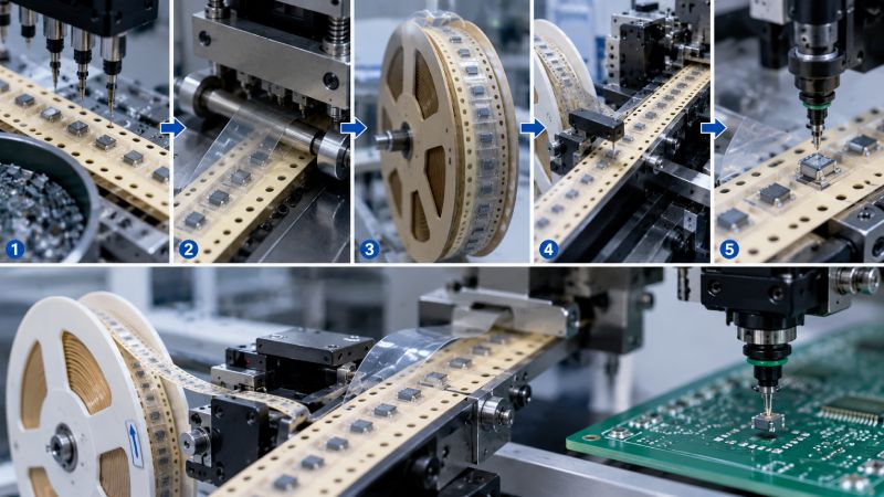 Step-by-step paper carrier tape workflow in SMT electronic component packaging