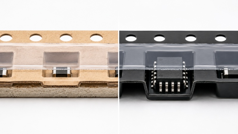 Structural difference between punched paper carrier tape and embossed plastic carrier tape