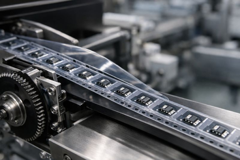 PC carrier tape running stably through a high-speed SMT feeder with consistent pocket geometry and component positioning
