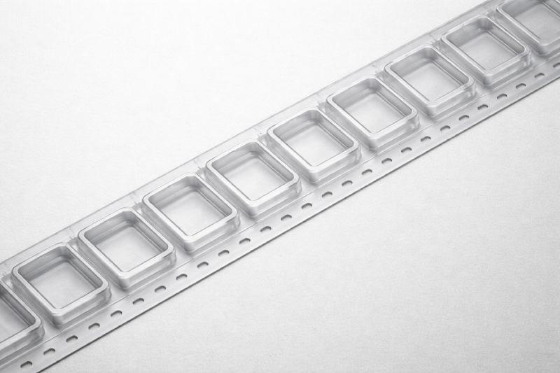 Top-down view of PET carrier tape showing uniform embossed pockets and precise sprocket hole alignment for SMT packaging applications