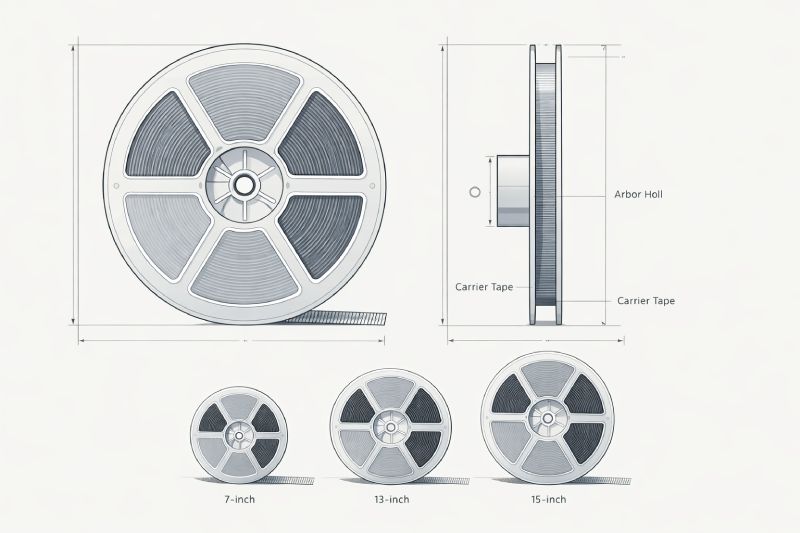 Engineering diagram of plastic reel dimensions and common reel sizes for tape and reel packaging