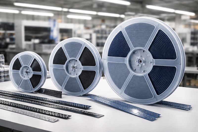 Plastic reels in multiple sizes for tape and reel packaging beside carrier tape on an SMT workbench