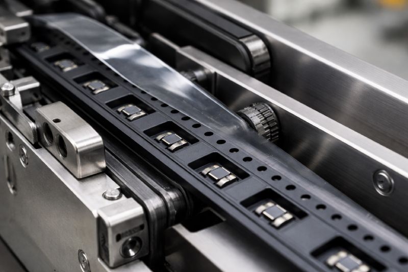 PS carrier tape running smoothly through SMT feeder with stable pocket positioning and precise sprocket engagement