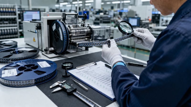 Technician inspecting tape and reel packaging quality in an SMT production environment