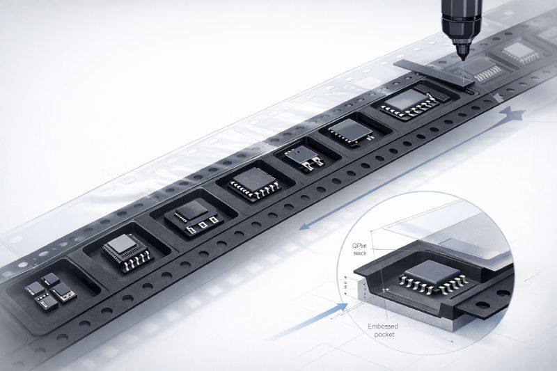 Engineering diagram showing semiconductor device orientation inside embossed carrier tape