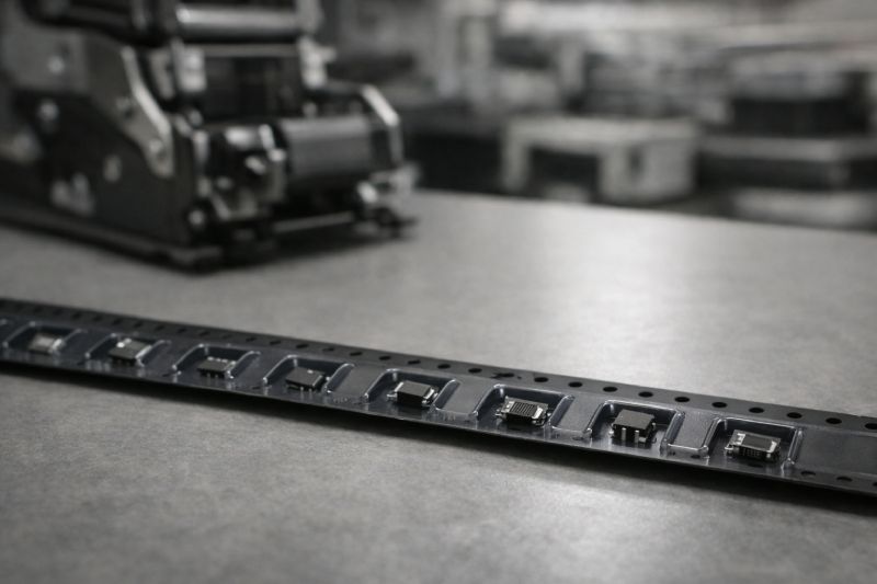 Engineering inspection view of carrier tape pockets and component positioning affecting SMT feeding stability