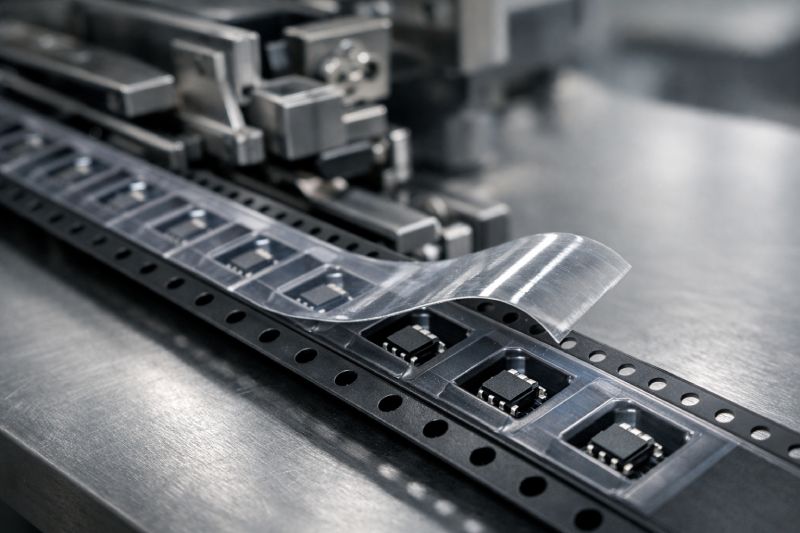 Cover tape peeling from carrier tape during SMT feeder operation showing controlled component release