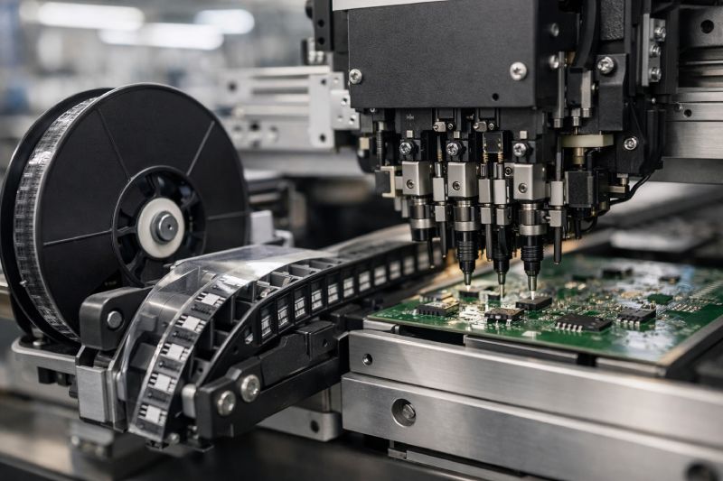SMT machine feeding electronic components from tape and reel packaging
