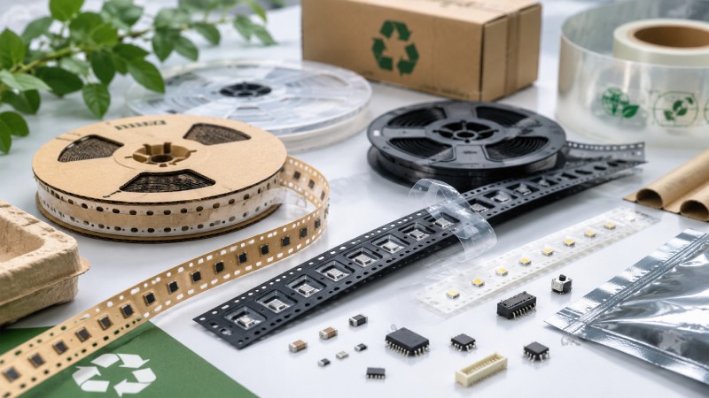 Sustainable tape and reel packaging with carrier tape, cover tape, reels, and electronic components