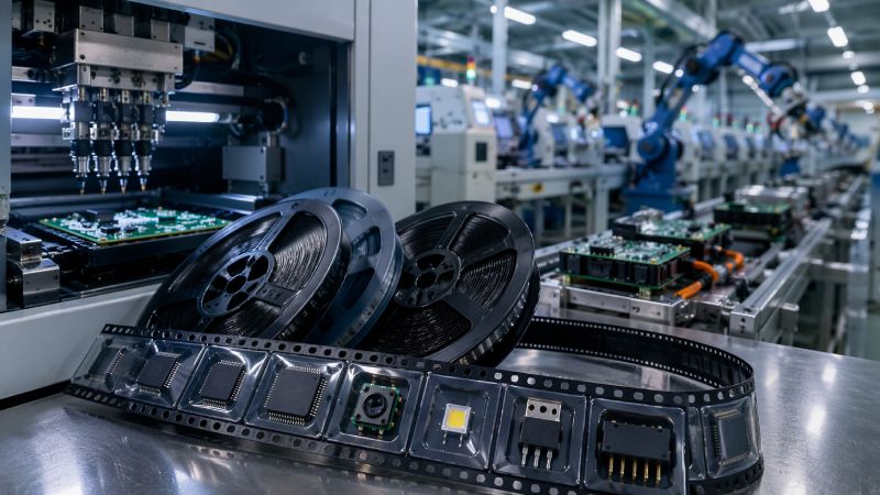 Automotive electronic components packaged in carrier tape beside an SMT assembly line