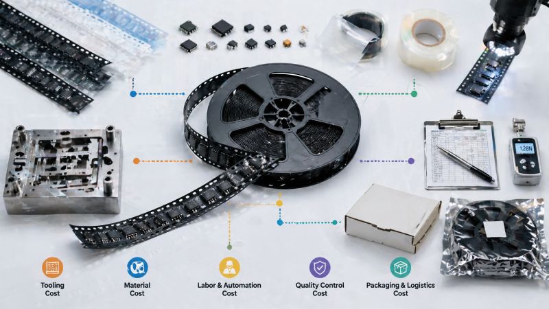 Tape and reel packaging components showing cost factors including carrier tape cover tape and reel