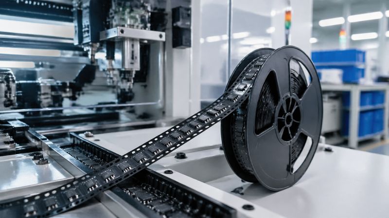 Tape and reel packaging process with carrier tape and electronic components in manufacturing environment