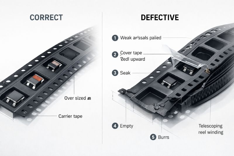 Comparison between correct tape and reel packaging and common defects such as rotated components, weak sealing, warped carrier tape, and empty pockets.