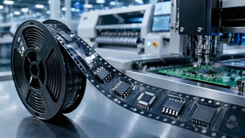 IC chips loaded into embossed carrier tape on a reel beside SMT assembly equipment