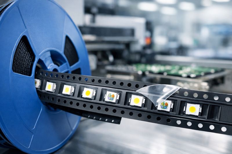 LED components packaged in embossed carrier tape on a reel beside an SMT assembly line