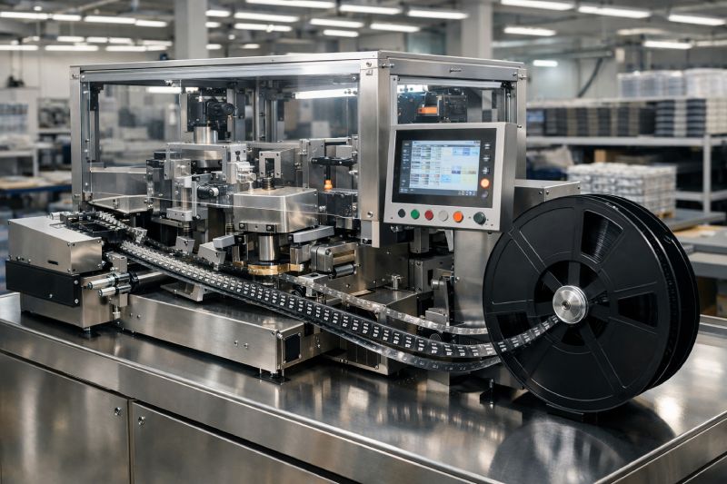 Automatic tape and reel packaging machine loading electronic components into carrier tape in an SMT factory