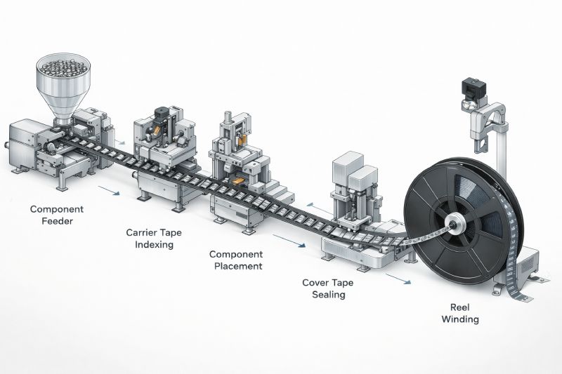 Engineering diagram showing the tape and reel packaging machine process from component feeding to reel winding