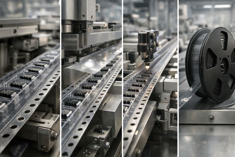 Engineering view of the tape and reel packaging process with carrier tape and cover tape