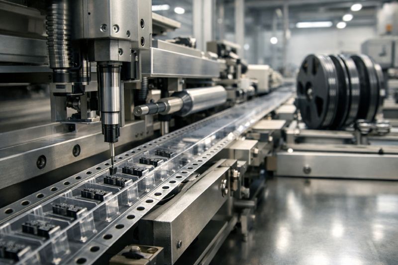 Automated tape and reel packaging process in an SMT production line