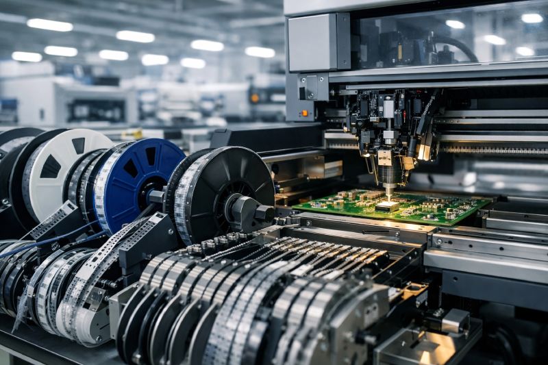 SMT pick and place machine using tape and reel packaging in electronics manufacturing