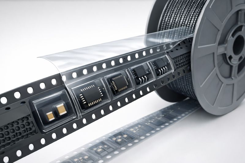 structure of tape and reel packaging showing carrier tape pockets cover tape and electronic components