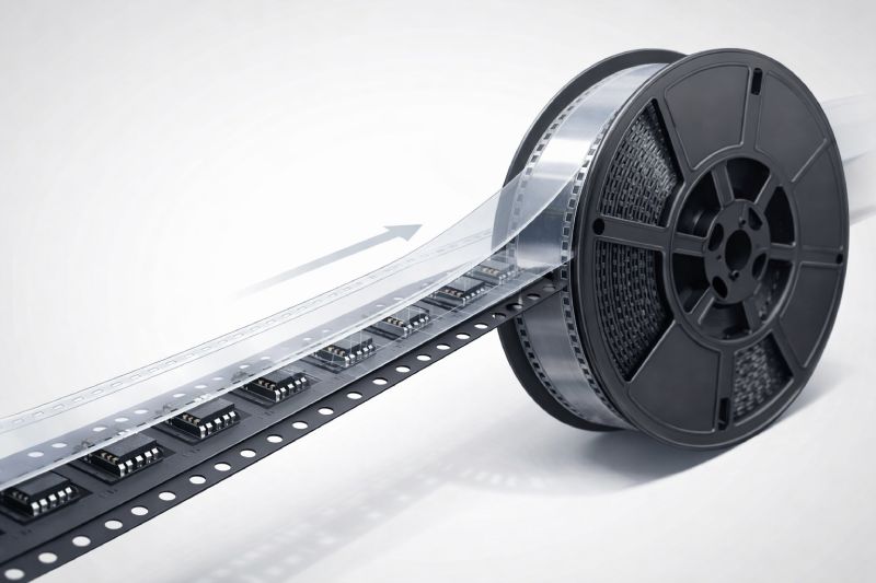 structure of tape and reel packaging showing carrier tape pockets cover tape and sprocket holes