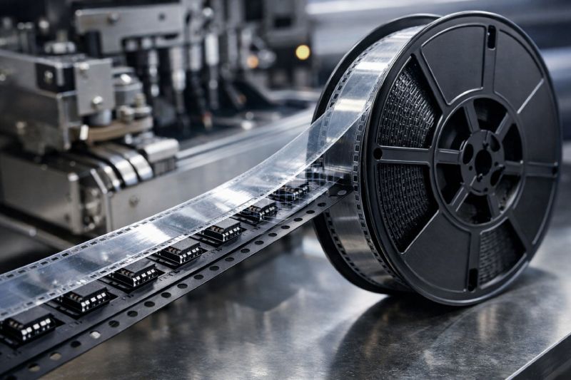 tape and reel packaging system with carrier tape pockets and plastic reel used for SMT assembly