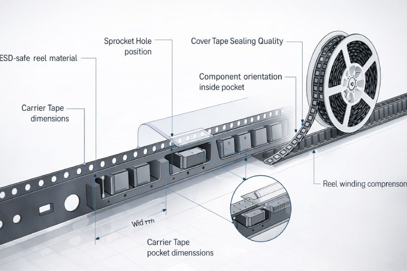 Engineering diagram showing critical quality control points in tape and reel packaging