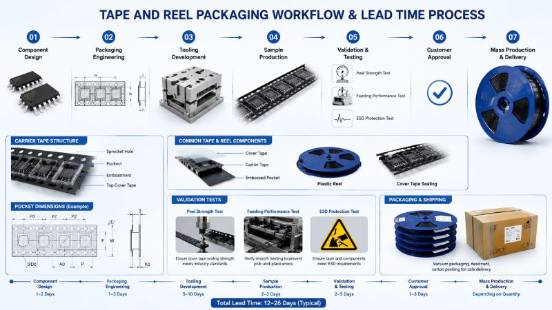 Tape and reel packaging lead time and validation workflow