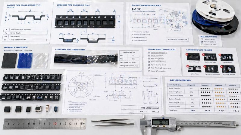 Engineering diagram showing carrier tape specifications, quality checks, and tape and reel supplier evaluation criteria
