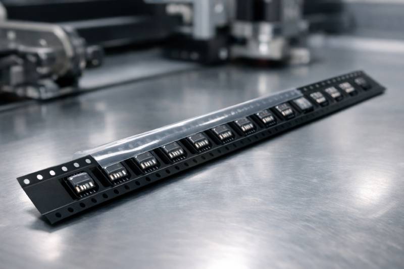 Carrier tape holding electronic components for SMT automated assembly