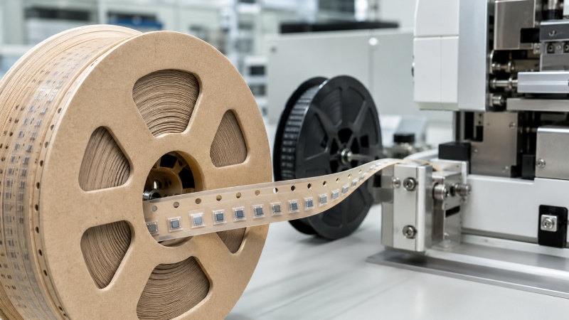 Paper carrier tape feeding small passive components into an automated SMT packaging system.