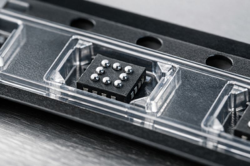 WLCSP semiconductor chip placed in precision carrier tape pocket with solder ball protection